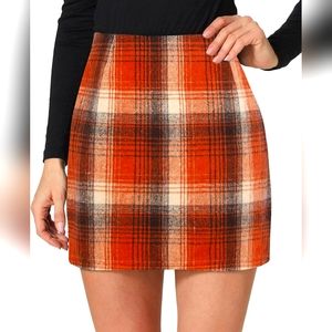 Women's Dark Orange High Waisted Plaid Wool Bodycon Pencil Mini Skirt. NWT.